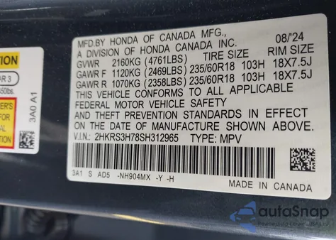 2025 Honda Cr-V Ex-L 2Wd из США, поврежденный, VIN 2HKRS3H78SH312965